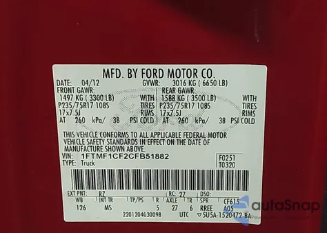 2012 Ford F-150 Xlt из США, поврежденный, VIN 1FTMF1CF2CFB51882